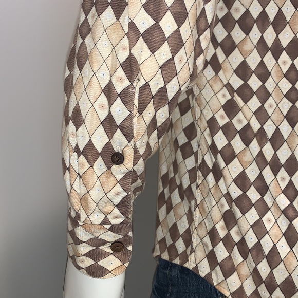 Perry Ellis Button Down Long Sleeve Shirt, Tan, Brown and Cream color - Picture 5 of 8